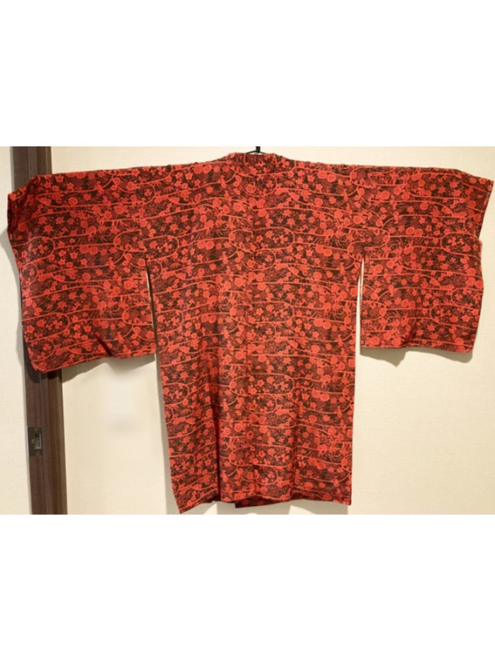 Japanese Kimono Rain Coat Red & Black Floral Pattern Traditional Haori Style